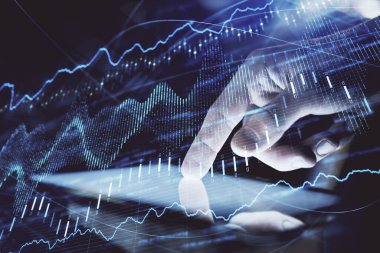 Bir adamın elini tutarken ve dijital bir cihaz ve ön grafik çizimi kullanırken çift pozlama. Finansal piyasa kavramı.