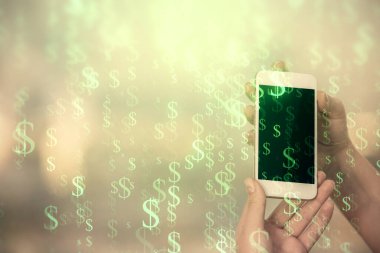 Ön x grafik çizimine çift pozlama hologram ve cep telefonu kullanan bir kadın. Borsa konsepti.