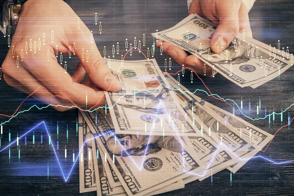 Multi Exponering Finansiella Diagram Rita Hologram Och Usa Dollar Räkningar — Stockfoto