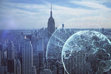 Sosyal ağ tema çizimi ve şehir manzarası arka planına çift pozlama. Bağlantı insanları kavramı.