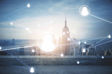 Sosyal ağ tema çizimi ve şehir manzarası arka planına çift pozlama. Bağlantı insanları kavramı.