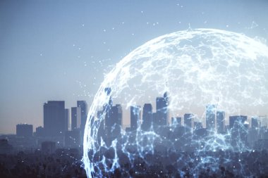 Sosyal ağ tema çizimi ve şehir manzarası arka planına çift pozlama. Bağlantı insanları kavramı.