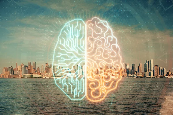 Голограма Мозку Малює Міському Фоні Багатофункціональне Експонування Концепції Сучасного Міста — стокове фото