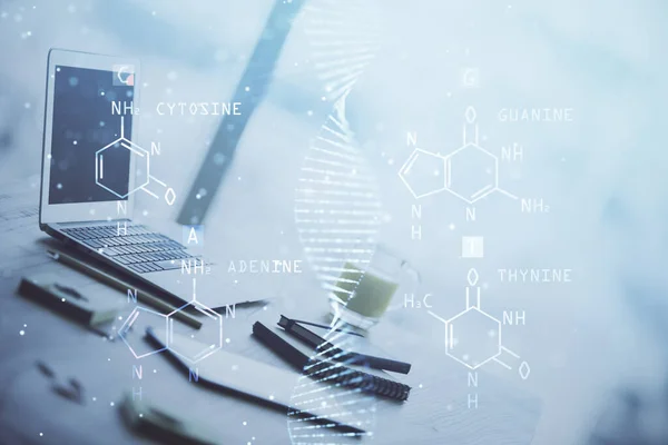 Pozadí Stolního Počítače Kresba Dna Dvojité Vystavení Vědecký Koncept — Stock fotografie