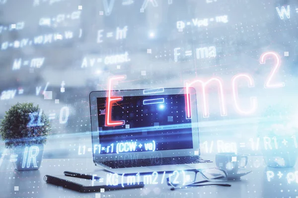 Desktop Computer Background Formula Hologram Writing Double Exposure Education Concept — Stock Photo, Image