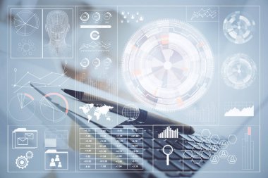 Kişisel bilgisayar ve teknik tema çizimi ile masaüstü çok açıkta. Büyük Veri Kavramı.