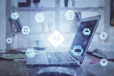 Bilgisayar ve teknoloji temalı çizimlere çifte maruz kalma. Yenilik kavramı.