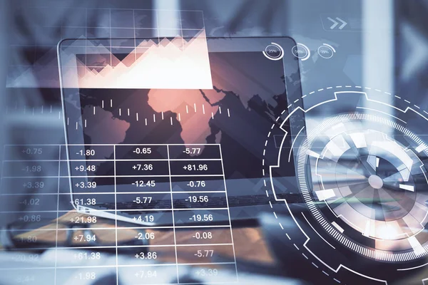 Börsendiagramm Und Tabelle Mit Computerhintergrund Doppelbelichtung Konzept Der Finanzanalyse — Stockfoto