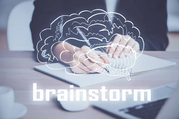 Starta Kreativ Teckning Över Närbild Händerna Bakgrunden Begreppet Brainstorming Multiexponering — Stockfoto