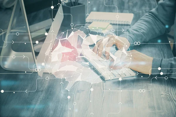 Homem Digitando Fundo Teclado Com Holograma Cerebral Conceito Big Data — Fotografia de Stock