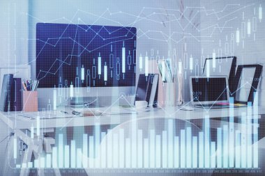 Borsa grafik çizimi ve ofis içi arka planının iki katına çıkarılması. Mali analiz kavramı.