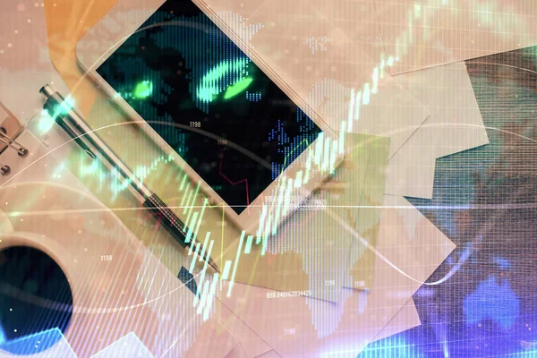 Multi exposure of forex graph hologram over desktop with phone. Top view. Mobile trade platform concept. — Stock Photo, Image
