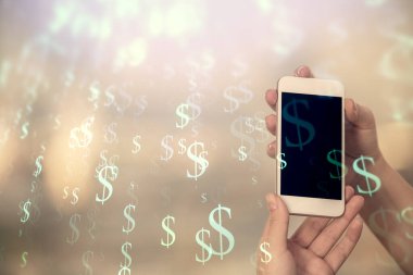 Ön x grafik çizimine çift pozlama hologram ve cep telefonu kullanan bir kadın. Borsa konsepti.