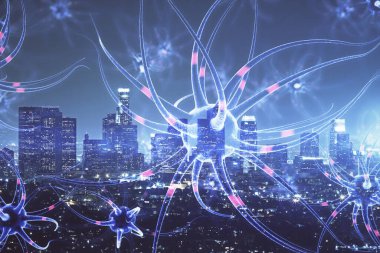 Nöron çizim ikonu ve şehir manzarası arka planında çift pozlama. Eğitim kavramı.