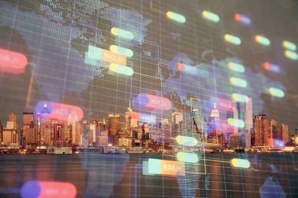Dados tema holograma desenho na vista da cidade com arranha-céus de fundo dupla exposição. Conceito Ai. — Fotografia de Stock