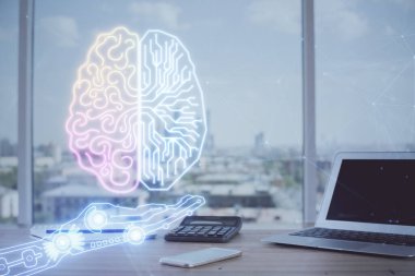 Bilgisayar ve insan beyin hologramıyla çalışma alanının çoklu açığı. Beyin fırtınası konsepti.