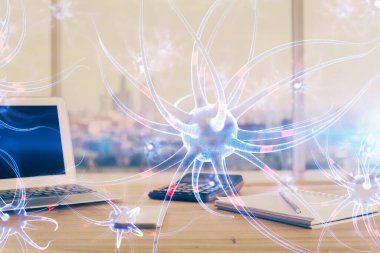 Masaüstü bilgisayar arkaplanı ve nöron çizimi. Çifte maruziyet. Eğitim kavramı.