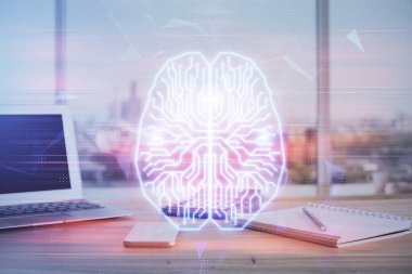 Bilgisayar ve insan beyin hologramıyla çalışma alanının çoklu açığı. Beyin fırtınası konsepti.