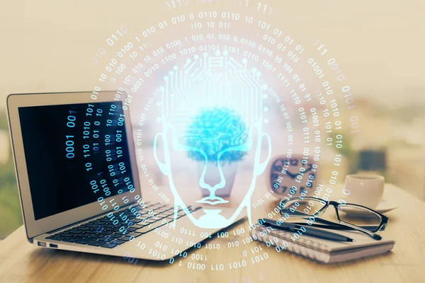 Doppia esposizione di computer desktop e ologramma di disegno del cervello umano. Ai concept. — Foto Stock