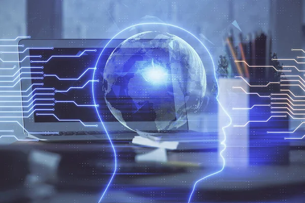 Multi exposição do espaço de trabalho com computador e holograma do cérebro humano. Conceito de brainstorm. — Fotografia de Stock