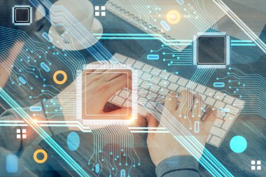 Bilgisayar arkaplanı üzerinde çalışan elleri olan iki kez teknolojik çizimlere maruz kalmış. Yenilik kavramı.