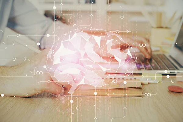 Hombre escribiendo en el fondo del teclado con holograma cerebral. Concepto de big data. Doble exposición. —  Fotos de Stock