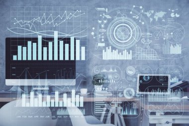 Finansal grafik çizimi ve ofis içi arka planının çoklu pozu. Pazar analizi kavramı.
