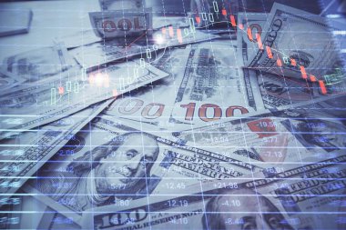 Forx grafiğinin çok sayıda görüntüsü bize dolar banknotları arka planında görünüyor. Finansal başarı piyasası kavramı.