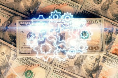 İşletme temasının çoklu pozu bize dolar banknotları üzerinden geçiyor. Finansal başarı kavramı.