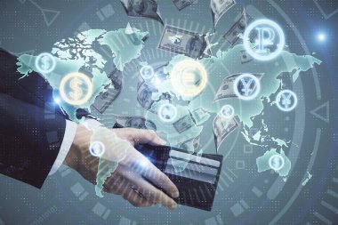 Finansal grafiğe çoklu pozlama hologram, Amerikan dolarları ve insan eli. Analiz kavramı.