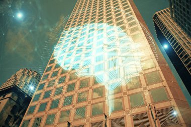 Şehrin arka planına beyin hologramı çizimi. Çifte maruz kalma. Beyin fırtınası konsepti.