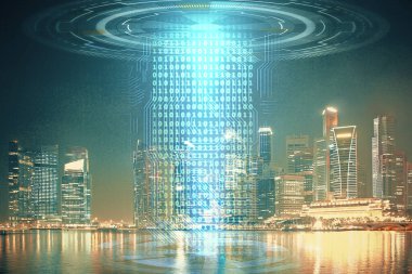 Veri temalı hologram gökdelenler arka planda çoklu pozlama ile şehir görünümüne çizim yapıyor. Ai kavramı.