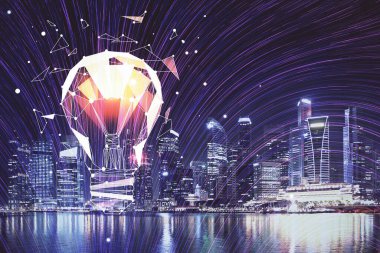 Ampul hologram çizimine ve şehir manzarasına çoklu maruz kalma. Fikir kavramı.