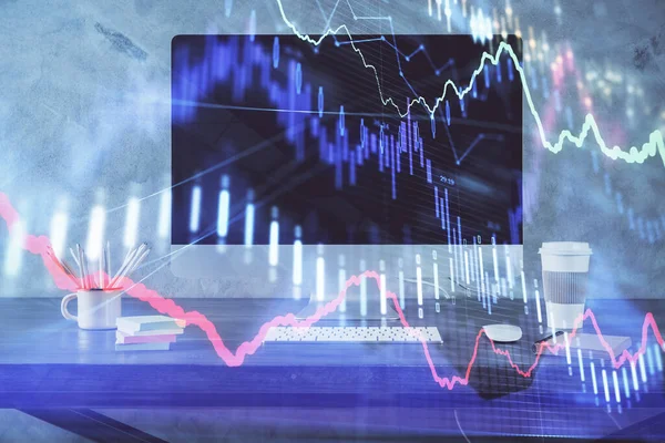 Графік фондового ринку та таблиця з фоном комп'ютера. Багаторазова експозиція. Концепція фінансового аналізу . — стокове фото