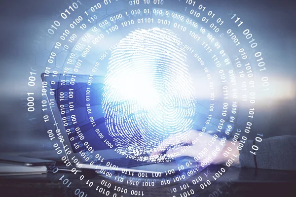 Hologramm des Fingerabdrucks mit einem Geschäftsmann, der am Computer im Hintergrund arbeitet. Sicherheitskonzept. Doppelbelastung. — Stockfoto