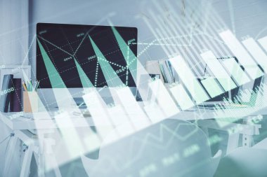 Borsa grafik çizimi ve ofis içi arka planının iki katına çıkarılması. Mali analiz kavramı.