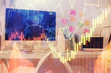 Finansal grafik çizimine ve ofis içi arka planına çifte maruz kalma. Borsa konsepti.