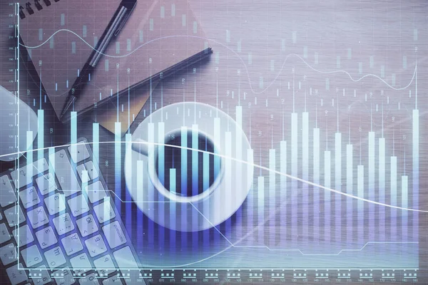 Multiexponering av forex diagram ritning och arbetsbord slöja. Begreppet finansiell analys. — Stockfoto