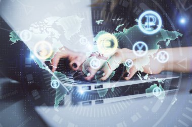 Bilgisayarda ve ön x grafik hologram çiziminde kadın eli yazarken çift pozlama. Borsa yatırım kavramı.