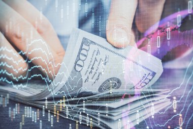 Forx grafiği, hologram, Amerikan dolarları ve insan eli çizimleri. Teknik Analiz kavramı.