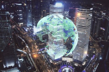 Sosyal ağ tema çizimi ve şehir manzarası arka planının çoklu pozlandırılması. Bağlantı insanları kavramı.