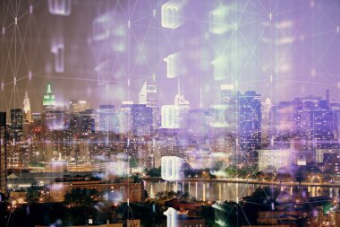 Veri temalı hologram gökdelenlerin arka planında çift pozlama ile şehir görünümüne çizim yapıyor. Ai kavramı.