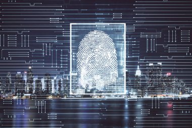 Parmak izi hologramının ve şehrin arka planının iki katına çıkarılması. Kişisel güvenlik kavramı.