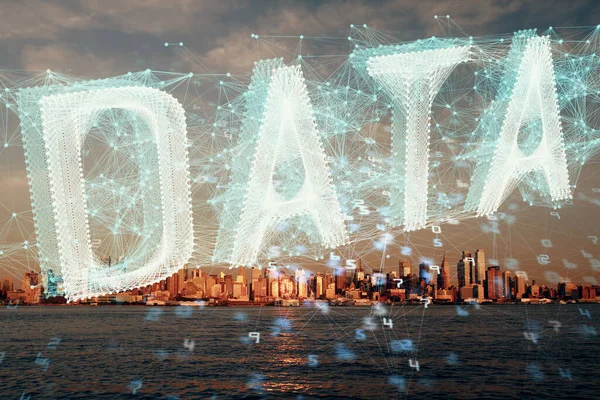 Data thema hologram tekening op uitzicht op de stad met wolkenkrabbers achtergrond multi blootstelling. Bigdata-concept. — Stockfoto