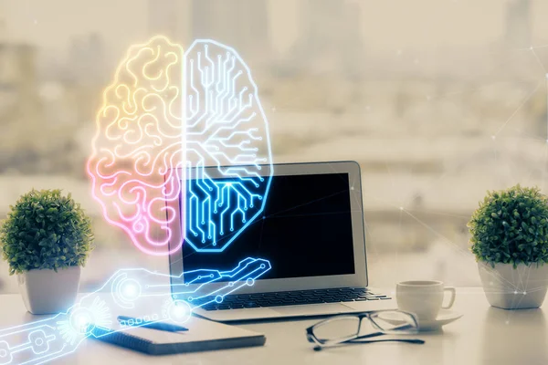 Doble exposición de escritorio con holograma de dibujo de computadora y cerebro. Concepto de inteligencia artificial. — Foto de Stock