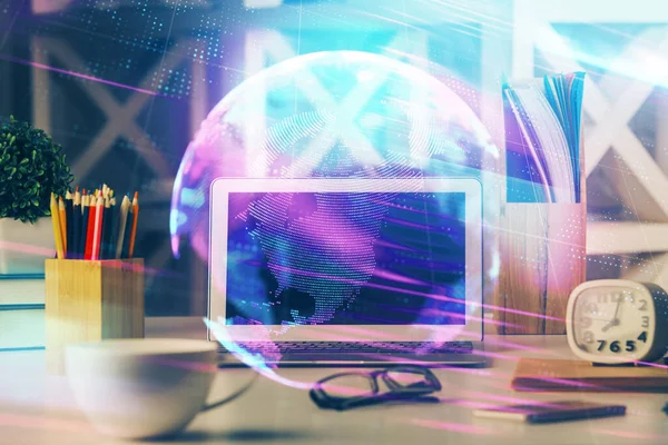 Computer on desktop in office with technology theme hologram. Double exposure. Tech concept. — Stock Photo, Image