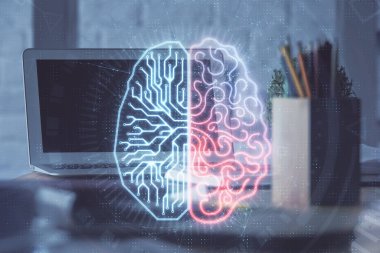 Bilgisayar ve insan beyin hologramıyla çalışma alanının çoklu açığı. Beyin fırtınası konsepti.