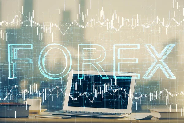 Double exposition du graphique forex et de l'espace de travail avec ordinateur. Concept de trading en ligne international. — Photo