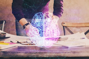 Haman beyin çift pozlama simgesi erkek eli arka planı.