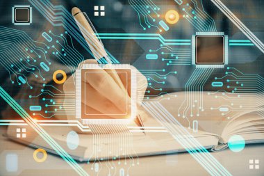 Arkaplana veri teknolojisi hologramıyla el yazıları yazan kadınların çoklu pozları. Yenilik kavramı.